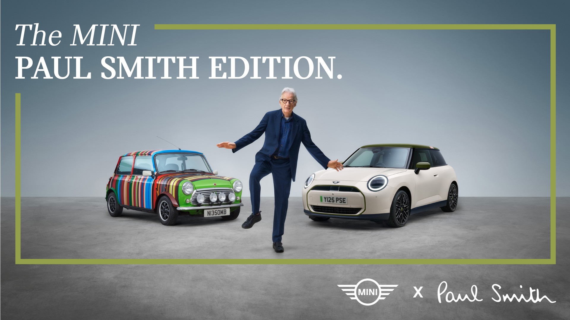 Paul Smith posing between the classic Mini and this special edition model